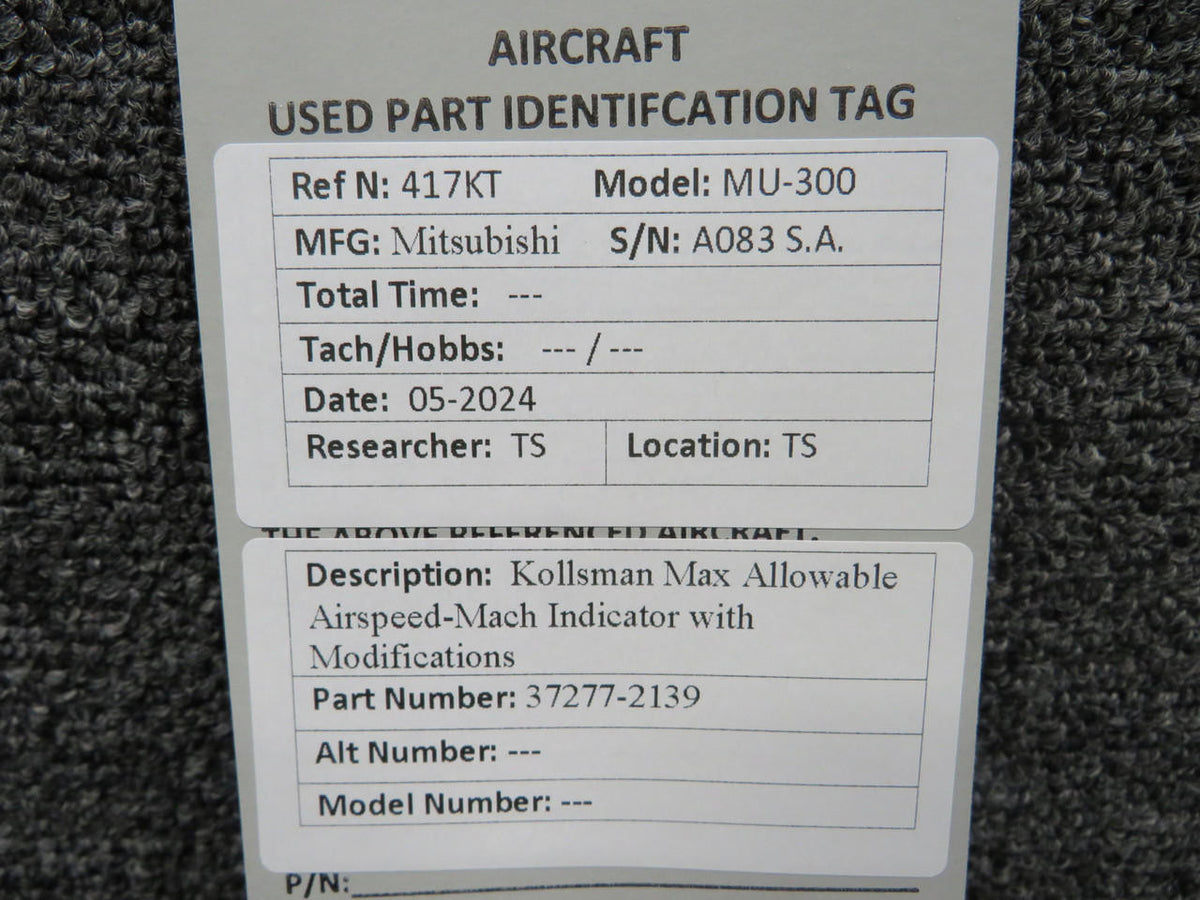 kollsman 37277-2139 Kollsman Max Allowable Airspeed-Mach Indicator with Modifications