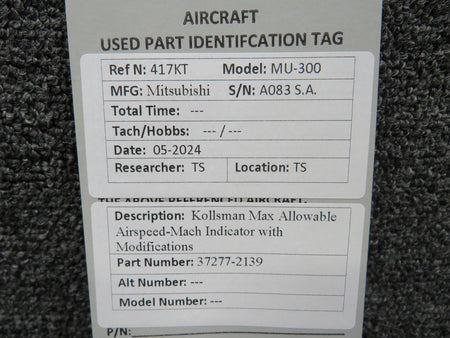 kollsman 37277-2139 Kollsman Max Allowable Airspeed-Mach Indicator with Modifications