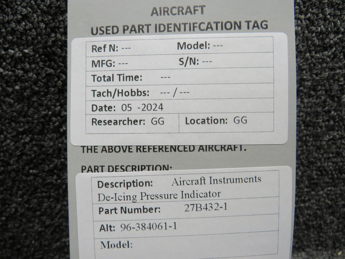 Aircraft Instruments 27B432-1 (Alt: 96-384061-1) Aircraft Instruments De-Icing Pressure Indicator