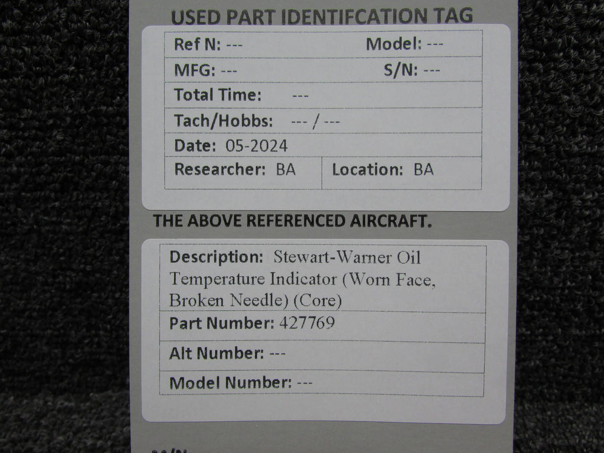 Stewart-Warner 427769 Stewart-Warner Oil Temperature Indicator (Worn Face, Broken Needle) (Core)