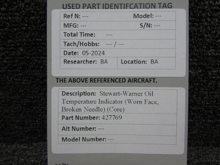 Stewart-Warner 427769 Stewart-Warner Oil Temperature Indicator (Worn Face, Broken Needle) (Core)