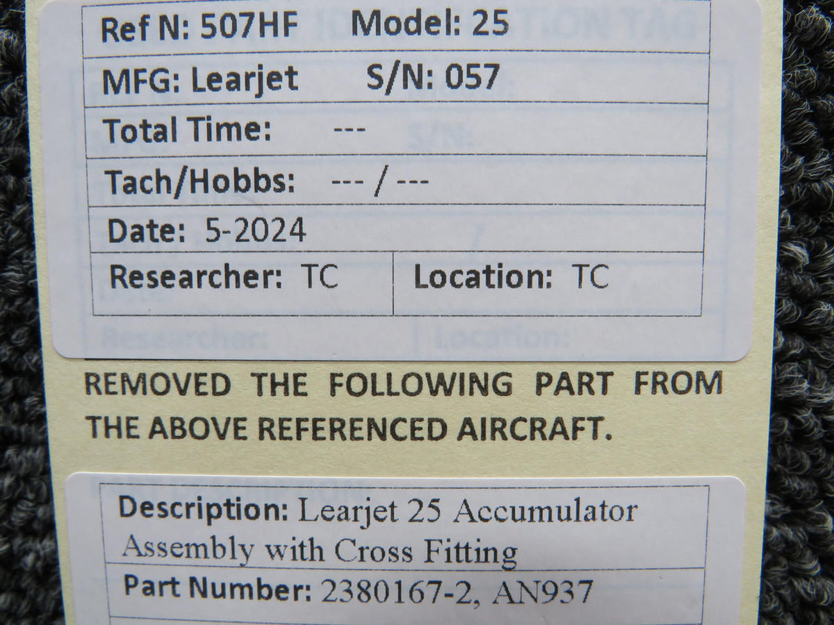 Learjet 2380167-2, AN937 Learjet 25 Accumulator Assembly with Cross Fitting