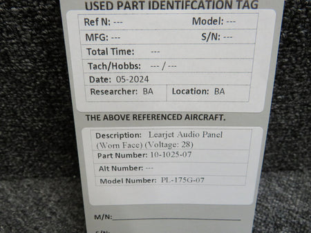 Learjet 10-1025-07 Learjet PL-175G-07 Audio Panel (Worn Face) (Voltage: 28)
