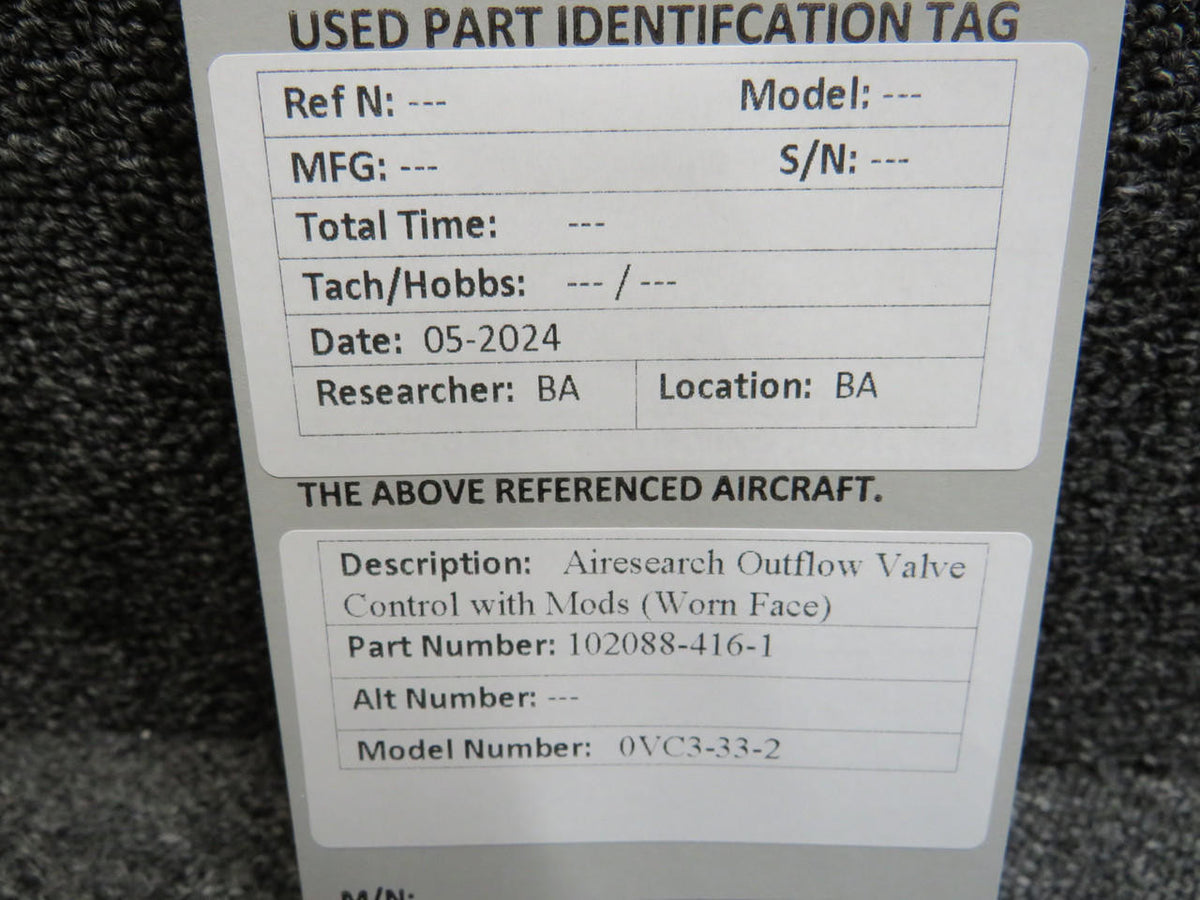 Airesearch 102088-416-1 Airesearch 0VC3-33-2 Outflow Valve Control with Mods (Worn Face)
