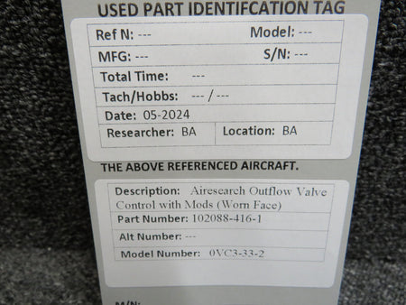 Airesearch 102088-416-1 Airesearch 0VC3-33-2 Outflow Valve Control with Mods (Worn Face)