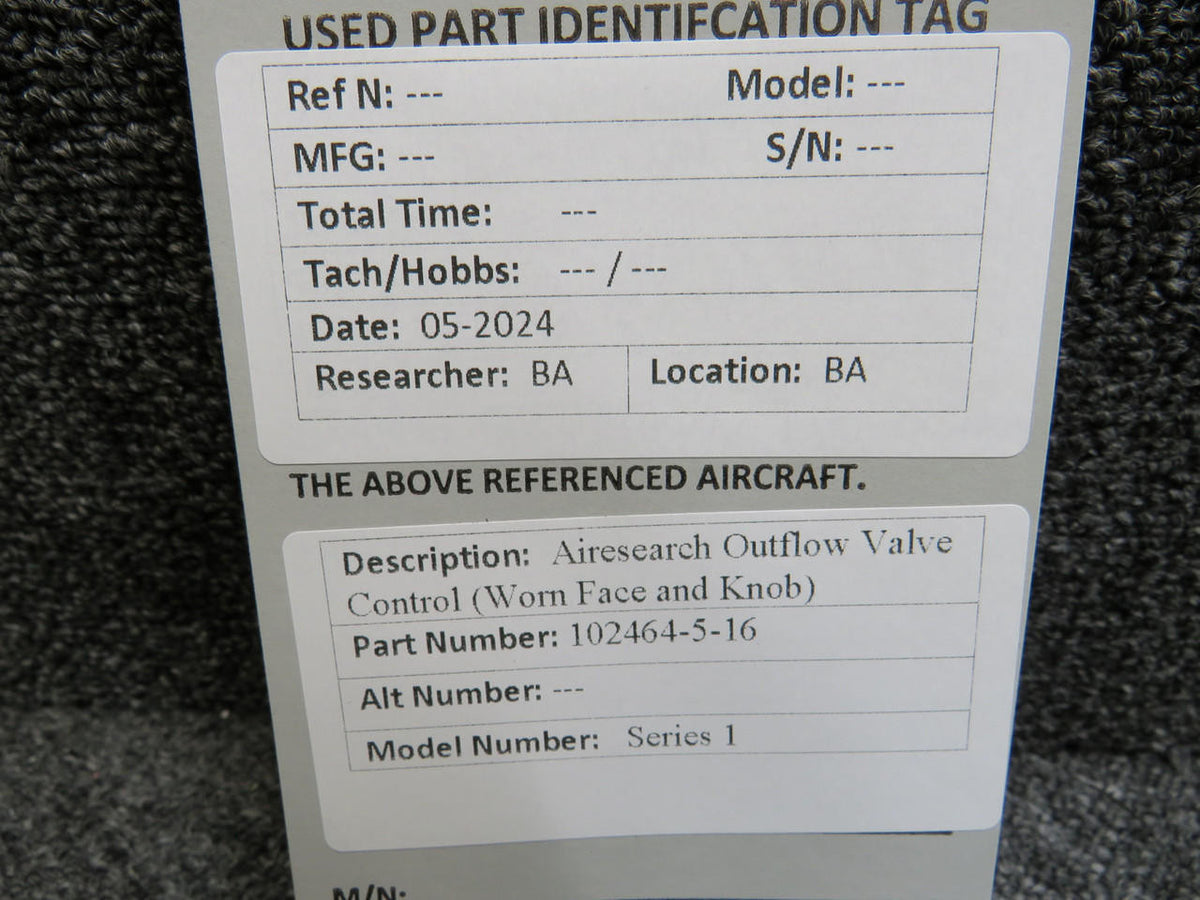 Airesearch 102464-5-16 Airesearch Series 1 Outflow Valve Control (Worn Face and Knob)