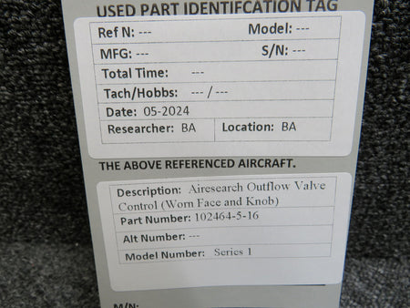 Airesearch 102464-5-16 Airesearch Series 1 Outflow Valve Control (Worn Face and Knob)