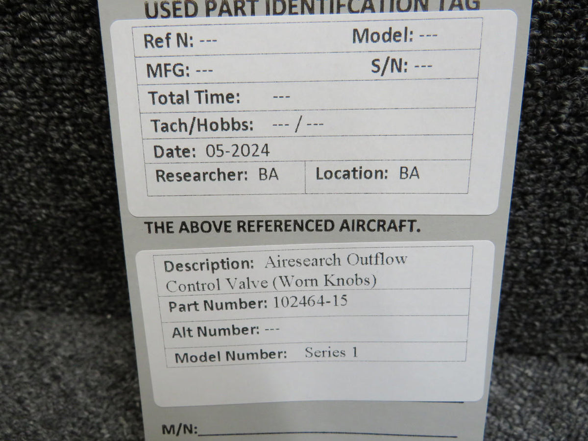 Airesearch 102464-15 Airesearch Series 1 Outflow Control Valve (Worn Knobs)