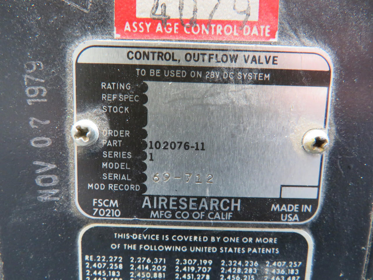 Airesearch 102076-11 Airesearch Series 1 Outflow Valve Control