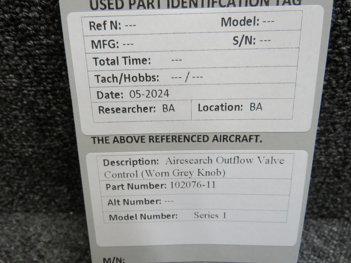 Airesearch 102076-11 Airesearch Series 1 Outflow Valve Control (Worn Grey Knob)