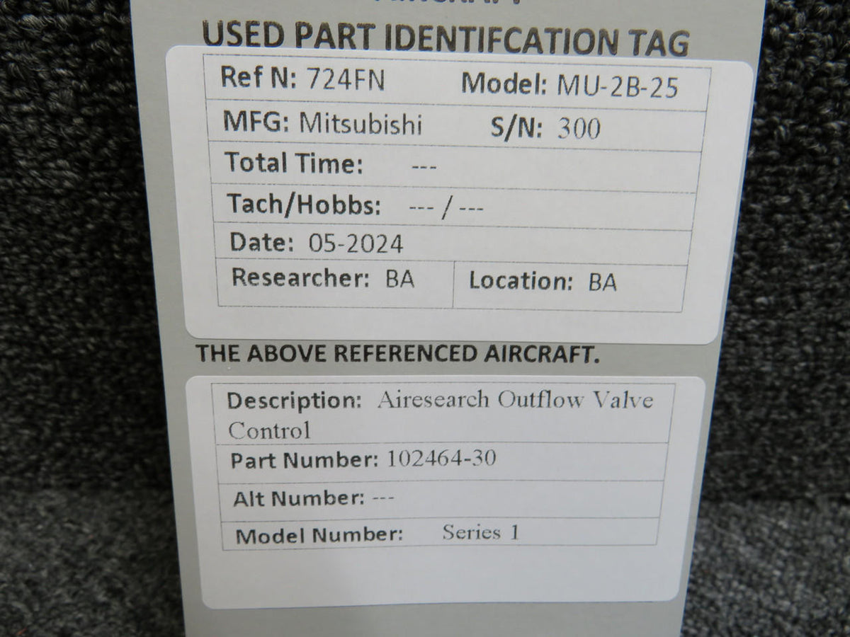 Airesearch 102464-30 Airesearch Series 1 Outflow Valve Control