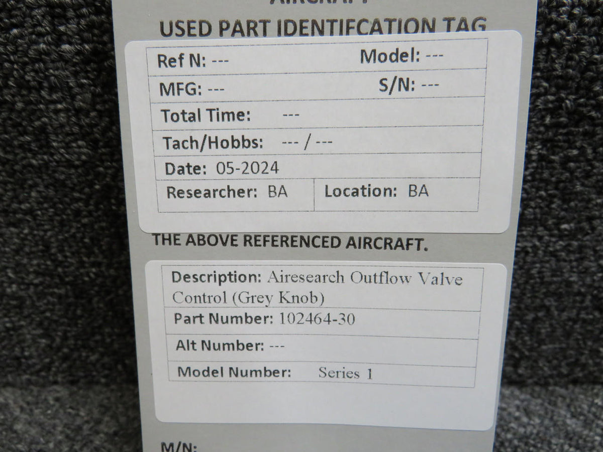 Airesearch 102464-30 Airesearch Series 1 Outflow Valve Control (Grey Knob)