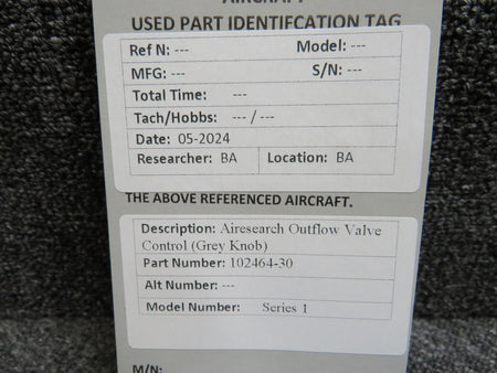 Airesearch 102464-30 Airesearch Series 1 Outflow Valve Control (Grey Knob)