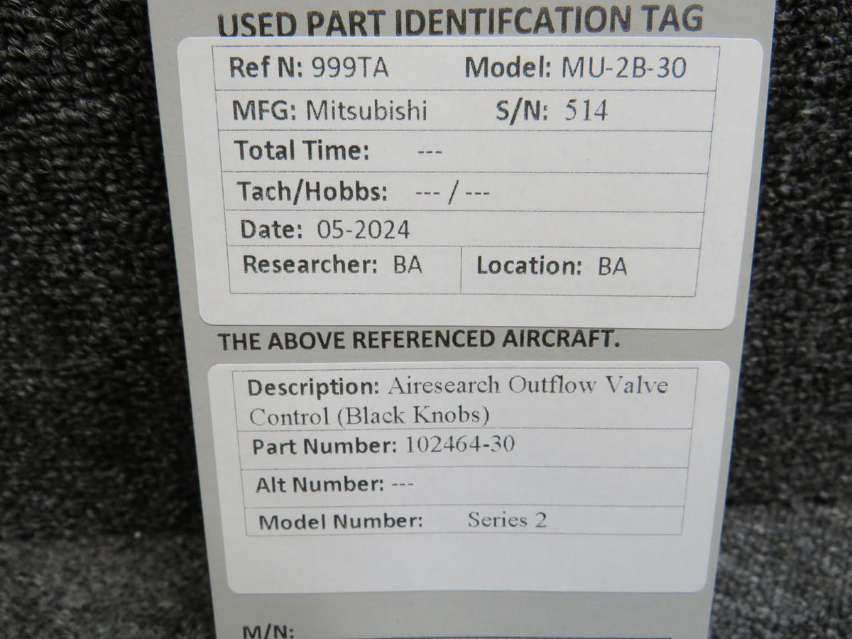 Airesearch 102464-30 Airesearch Series 2 Outflow Valve Control (Black Knobs)