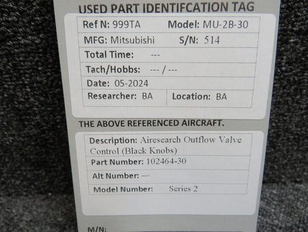 Airesearch 102464-30 Airesearch Series 2 Outflow Valve Control (Black Knobs)