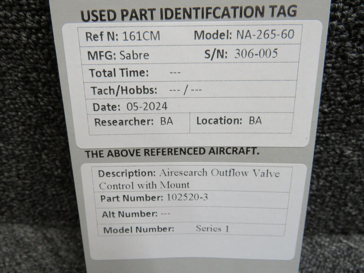 Airesearch 102520-3 Airesearch Series 1 Outflow Valve Control with Mount