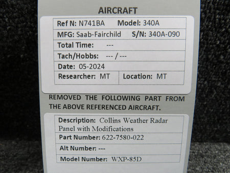 Collins 622-7580-022 Collins WXP-85D Weather Radar Panel with Modifications