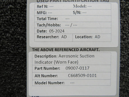 Aerosonic 09007-0117 (Alt: C668509-0101) Aerosonic Suction Indicator (Worn Face)