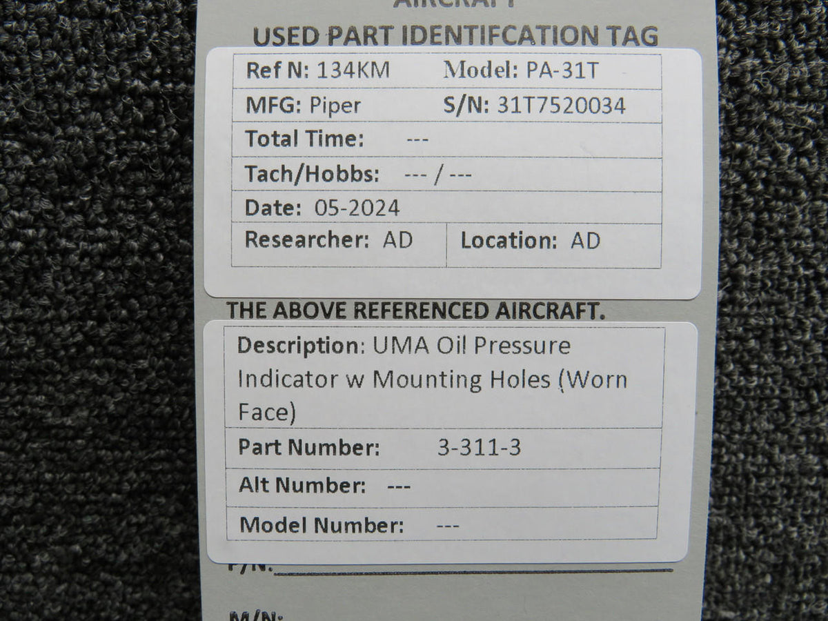 UMA 3-311-3 UMA Oil Pressure Indicator w Mounting Holes (Worn Face)