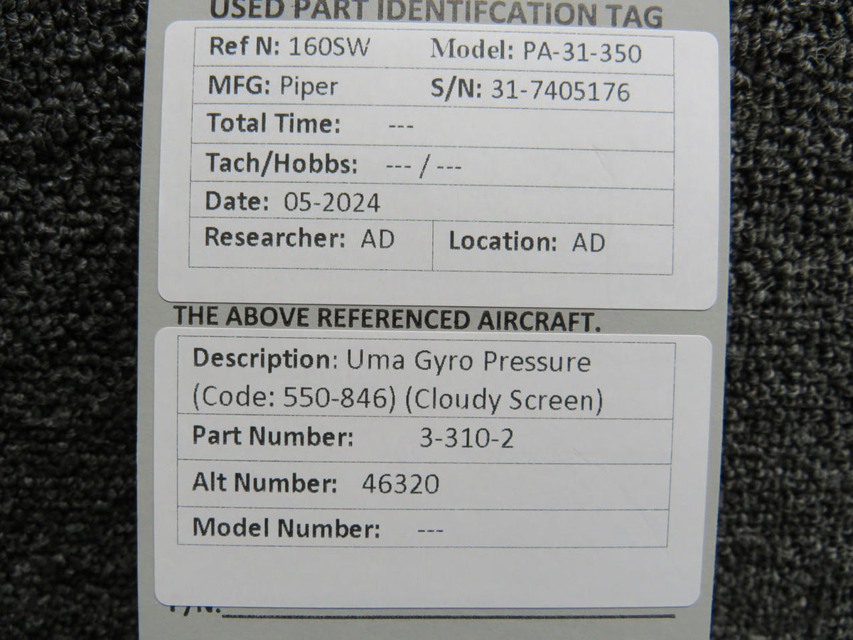 UMA 3-310-2 (Alt: 46320) Uma Gyro Pressure (Cloudy Glass) (Code: 550-846)