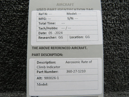 Aerosonic 360-27-1210 (Alt: 980026-1) Aerosonic Rate of Climb Indicator