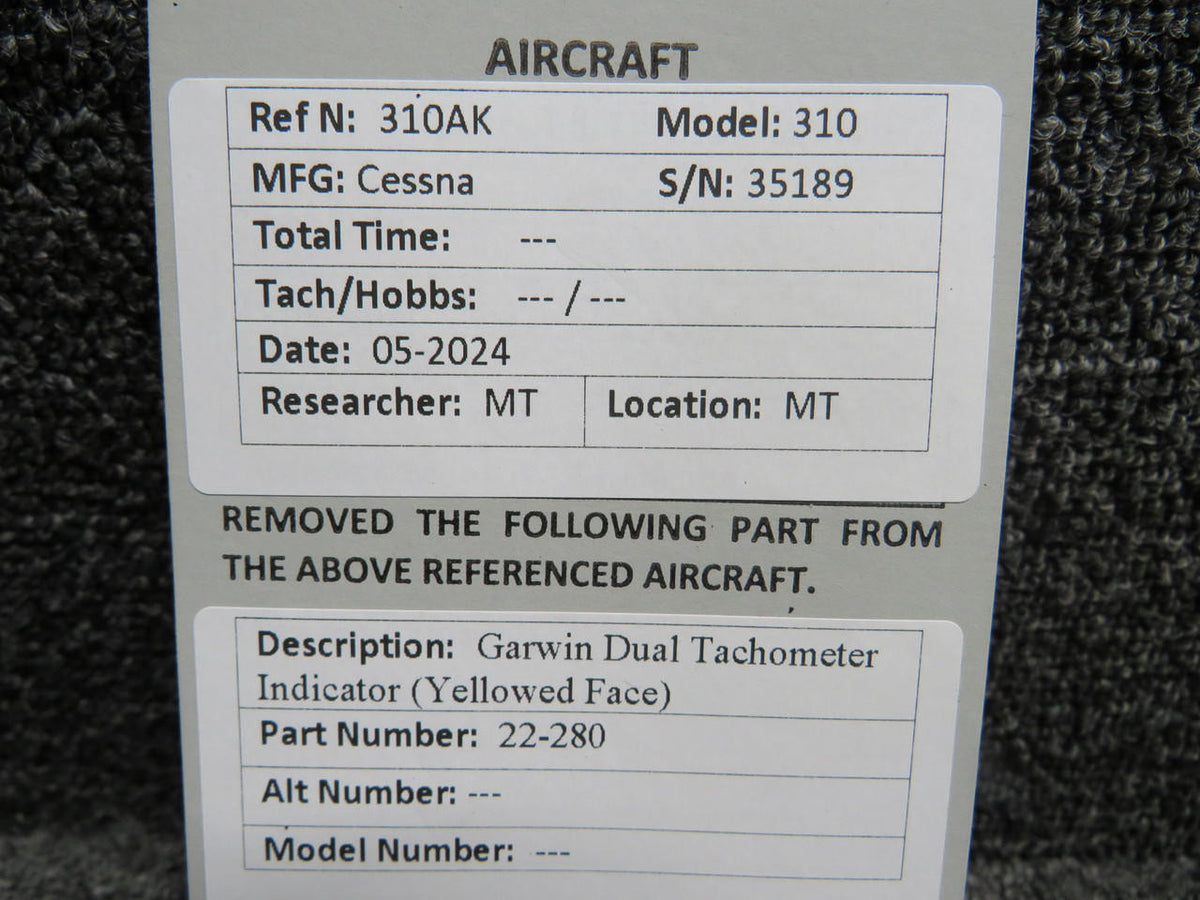 Garwin 22-280 Garwin Dual Tachometer Indicator (Yellowed Face)