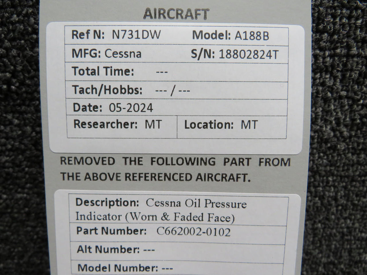 Cessna Aircraft Parts C662002-0102 Cessna Oil Pressure Indicator (Worn & Faded Face)