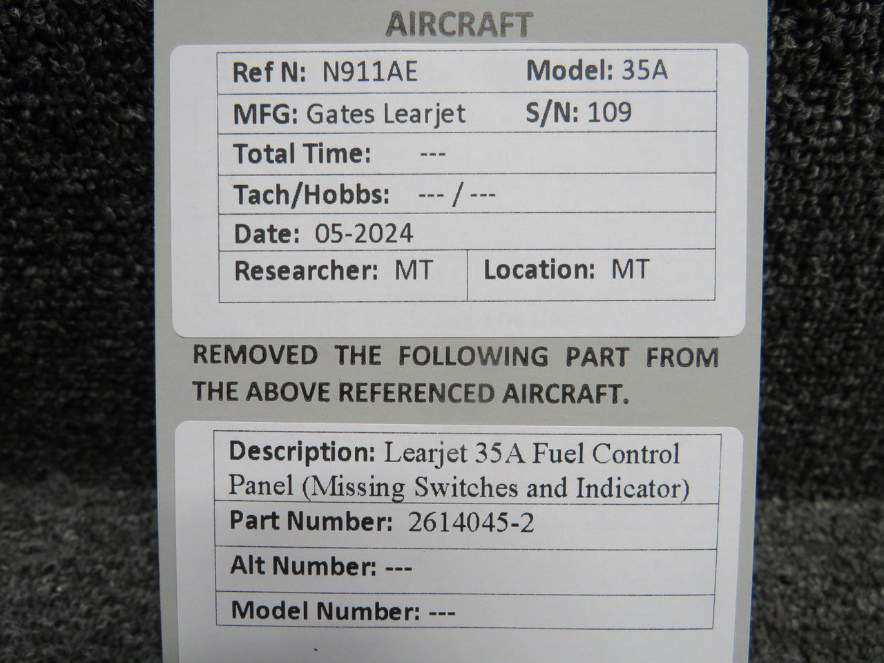 2614045-2 Learjet 35A Fuel Control Panel (Missing Switches and
