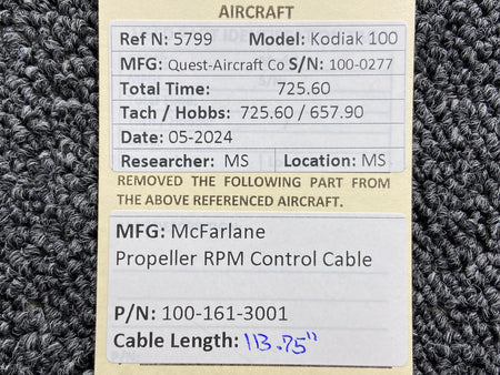 McFarlane 100-161-3001 McFarlane Propeller RPM Control Cable (Length: 113.75”)