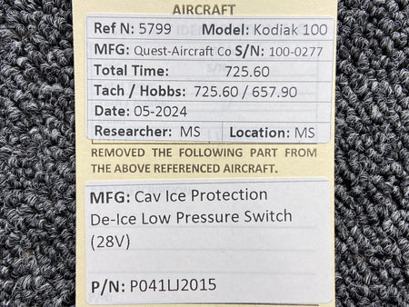 Cav Ice Protection LTD P041LJ2015 Cav Ice Protection De-Ice Low Pressure Switch (28V)
