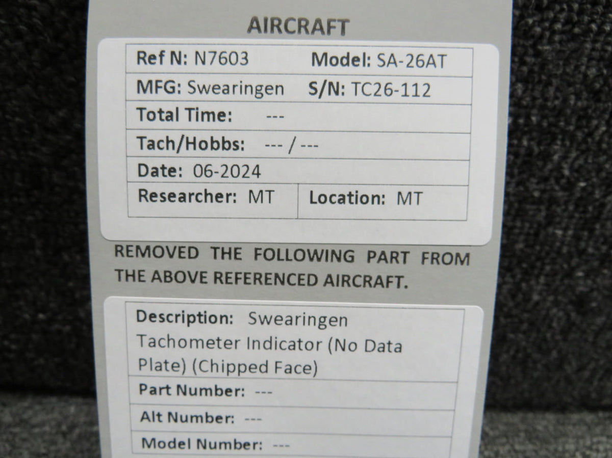 Swearingen Tachometer Indicator (No Data Plate) (Chipped Face)