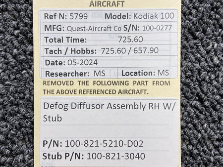 Kodiak 100-821-5210-D02, 100-821-3040 Kodiak 100 Defog Diffuser Assy RH w Stub