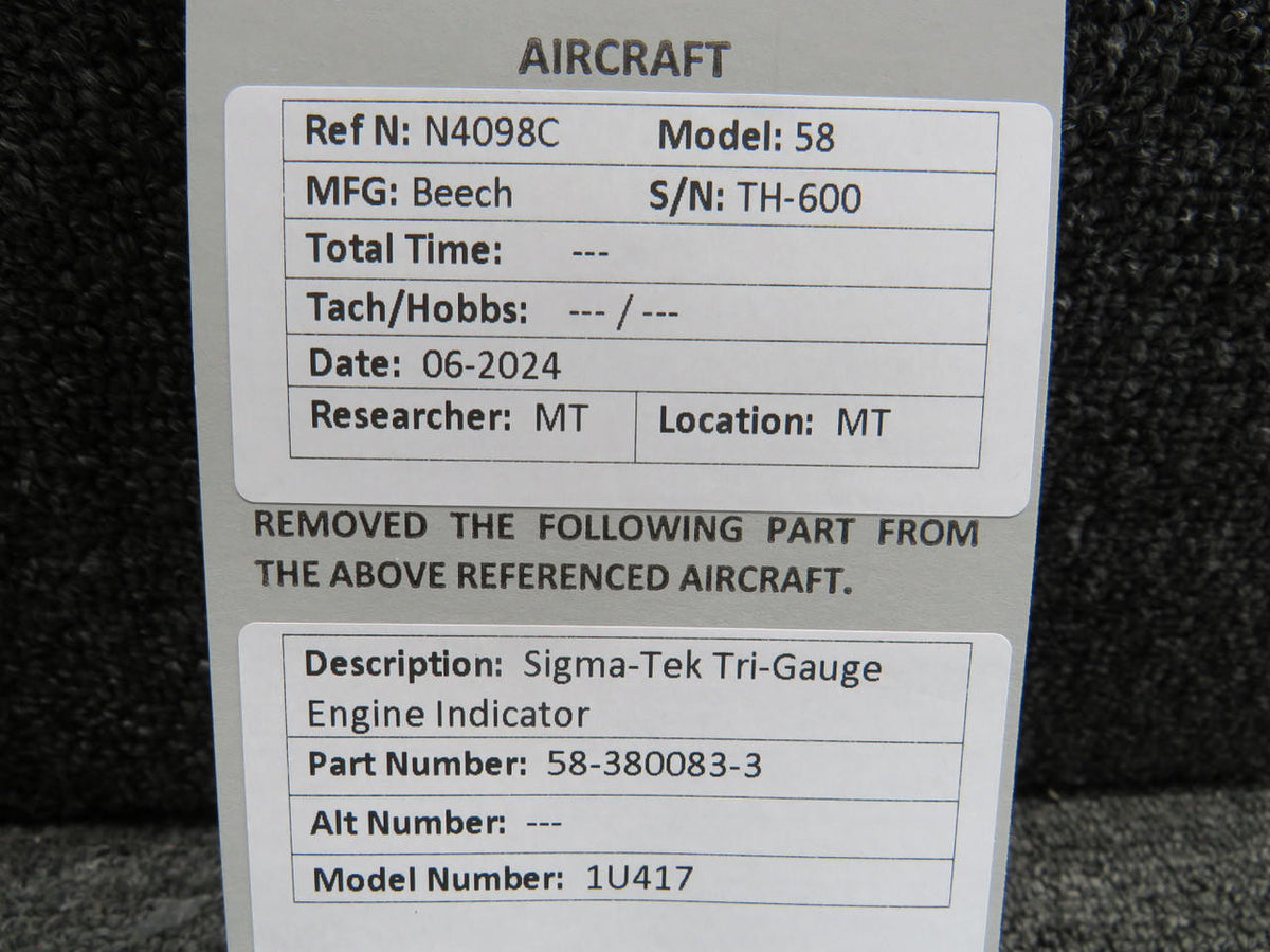Sigma Tek 58-380083-3 Sigma-Tek 1U417 Tri-Gauge Engine Indicator