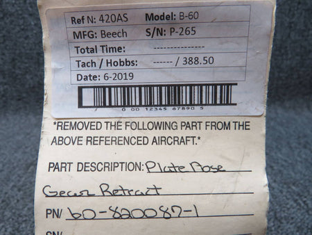 60-820087-1 Beech B-60 Plate Nose Gear Retract BAS Part Sales | Airplane Parts