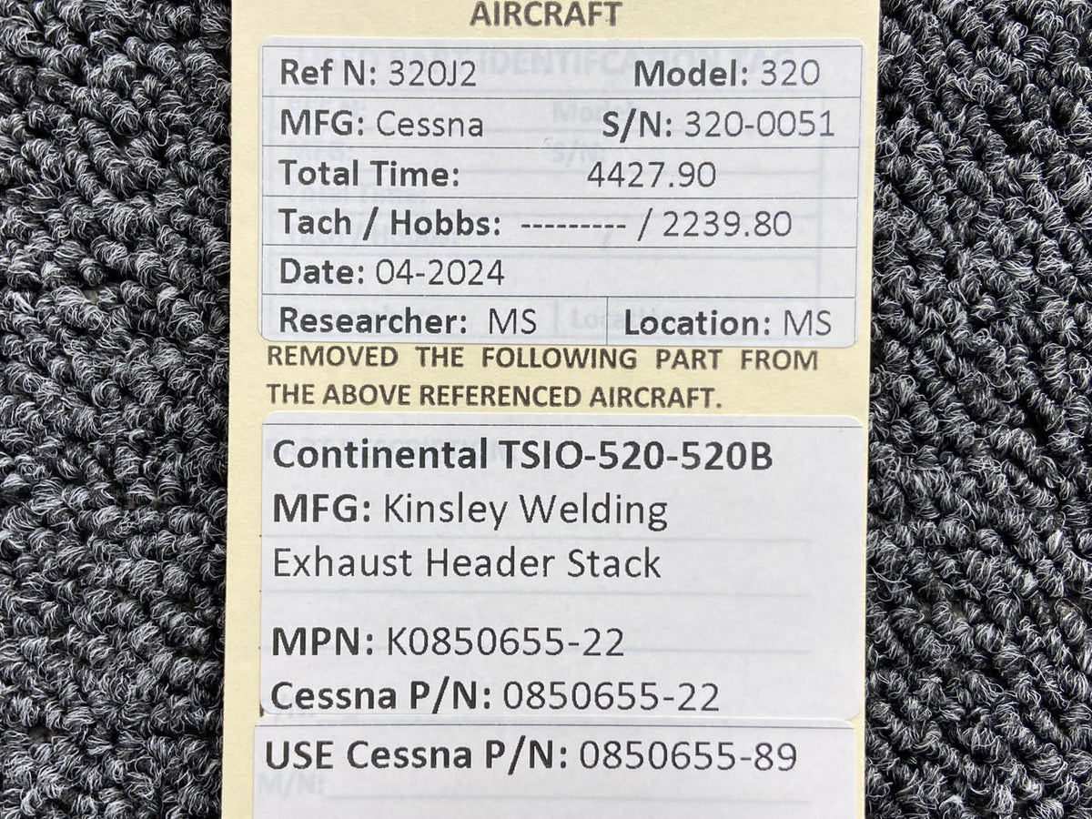 Kinsley Welding  K0850655-22 (Alt: 0850655-22) Cont TSIO-520-520B Kinsley Exhaust Header Stack