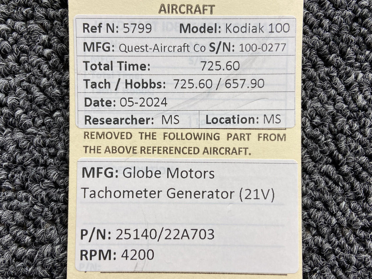 Globe Motors 25140/22A703 PT6A-34 Globe Motors Tachometer Generator (21V)
