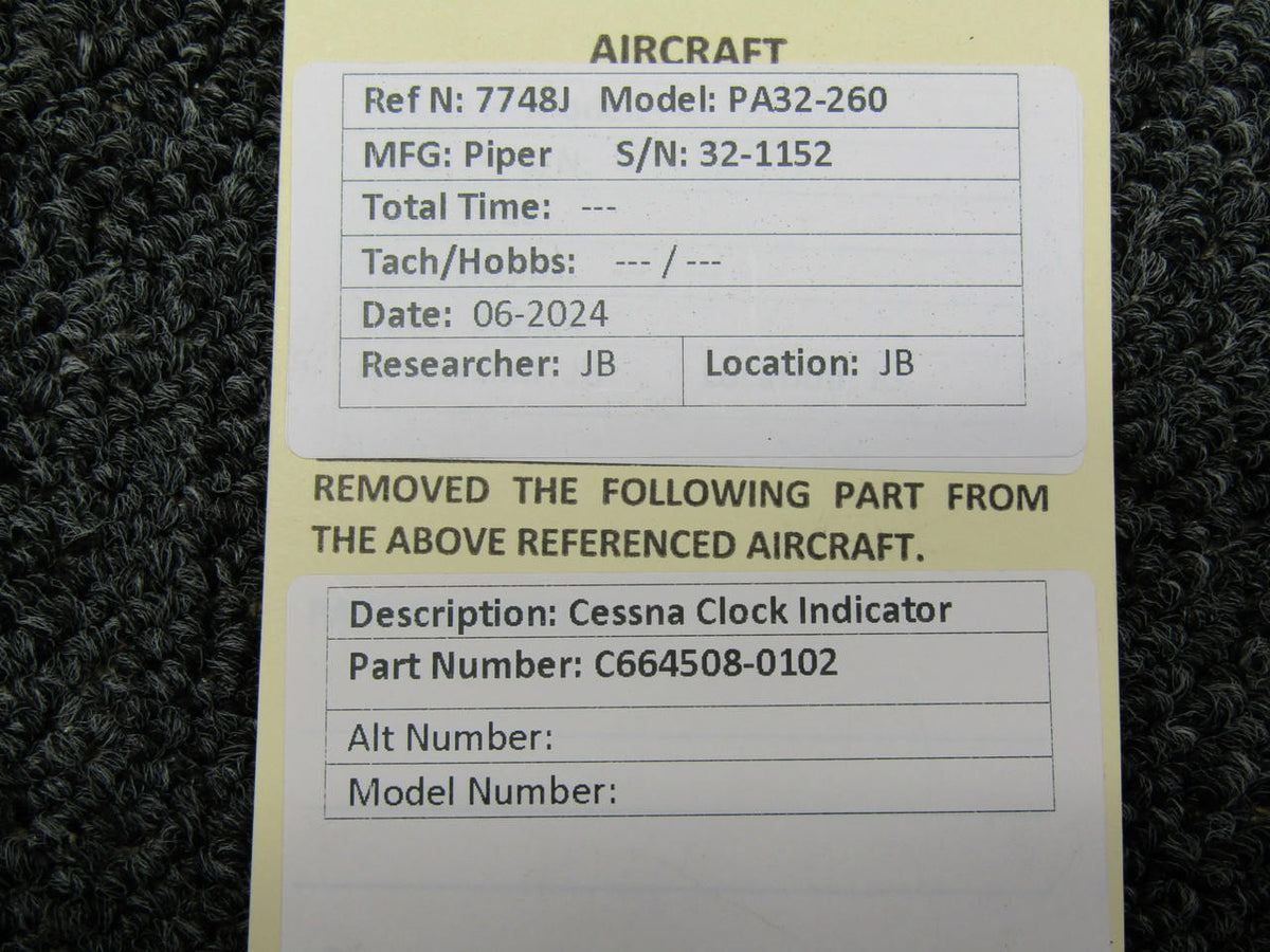 Cessna Aircraft Parts C664508-0102 Cessna Clock Indicator (14V)