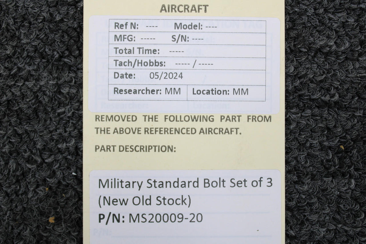 Military Standard MS20009-20 Military Standard Bolt Set of 3 (New Old Stock)