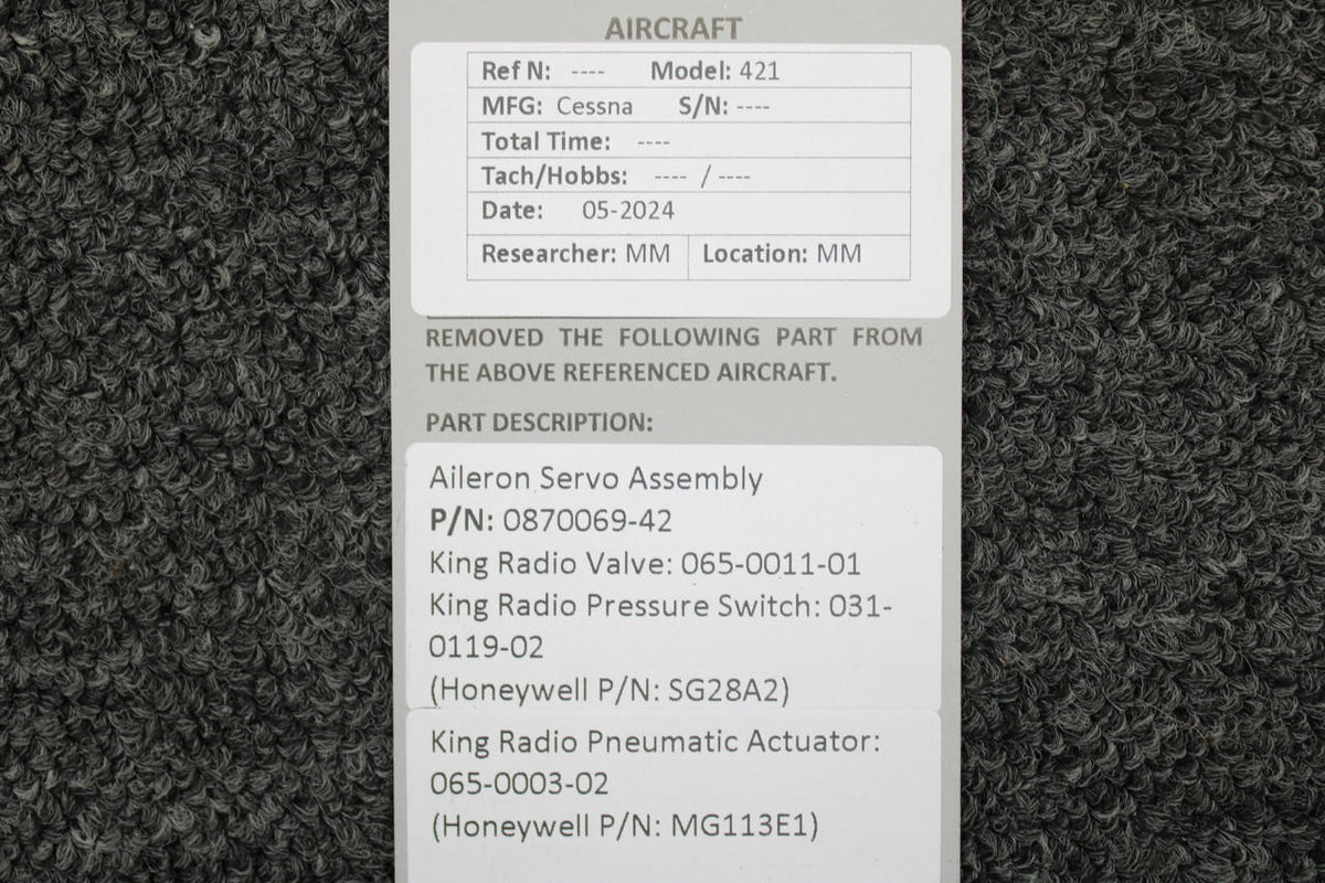 Cessna Aircraft Parts 0870069-42 Cessna 421 Aileron Servo Assembly