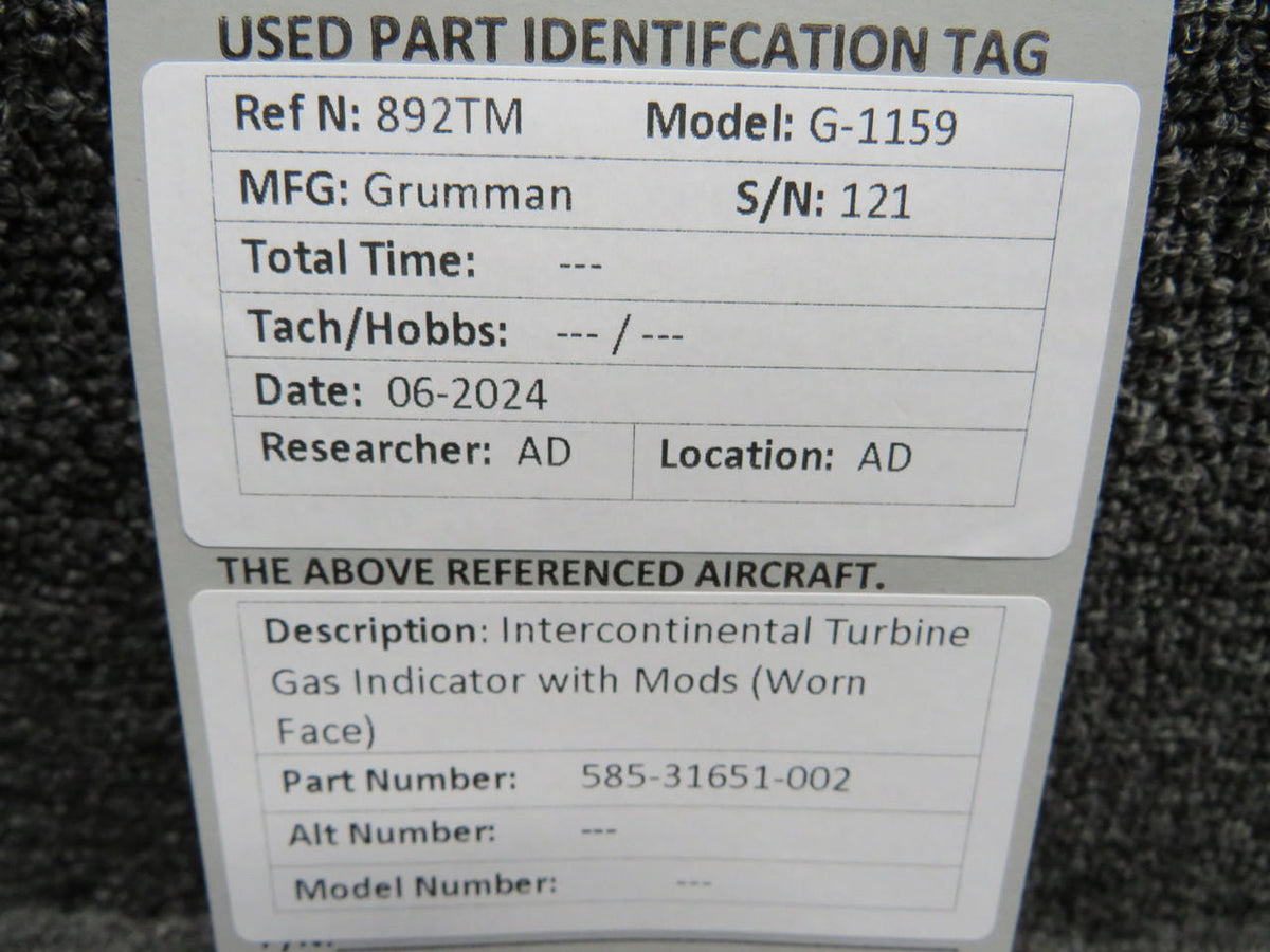 Intercontinental 585-31651-002 Intercontinental Turbine Gas Indicator with Mods (Worn Face)