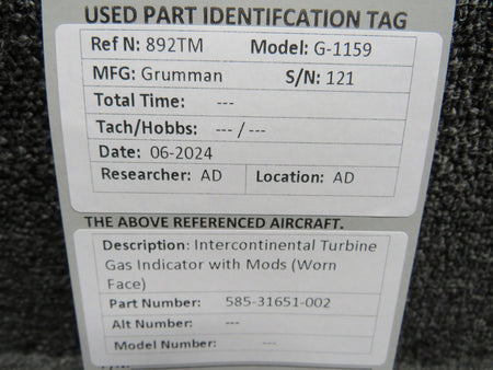 Intercontinental 585-31651-002 Intercontinental Turbine Gas Indicator with Mods (Worn Face)