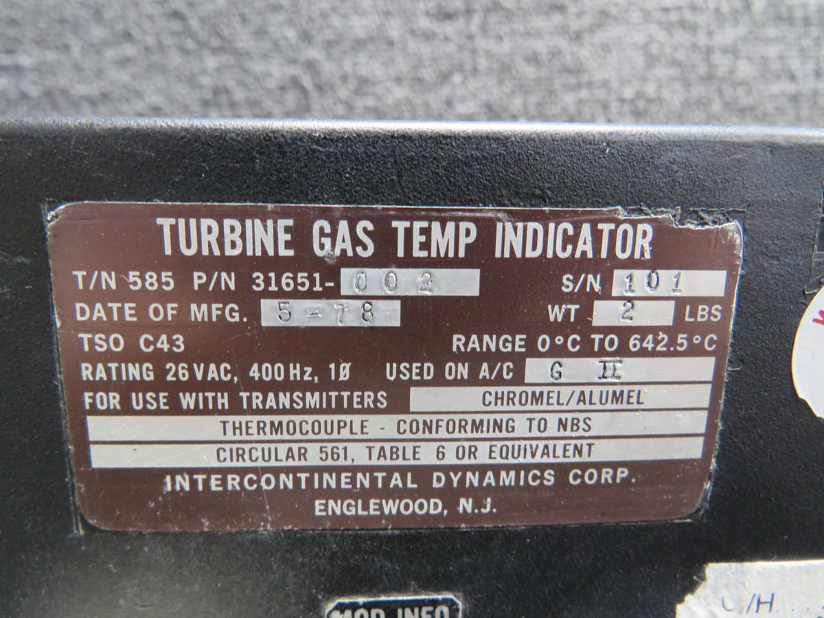 Intercontinental 585-31651-002 Intercontinental Turbine Gas Indicator with Mods (Worn Face)