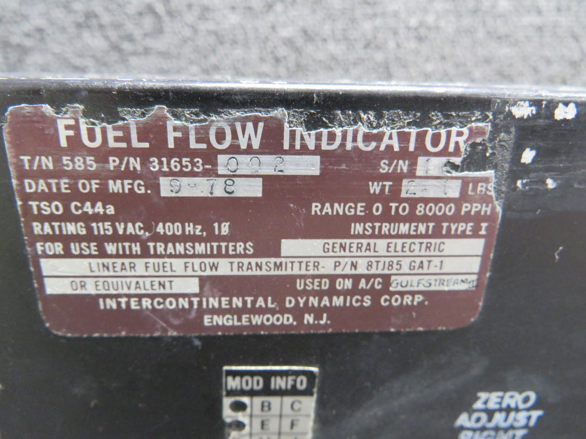 Intercontinental 585-31653-002 Intercontinental Fuel Flow Indicator with Mods (Worn Face)