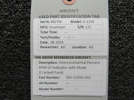 Intercontinental 585-31650-002 Intercontinental Percent RPM LP Indicator with Mods (Cracked Face)