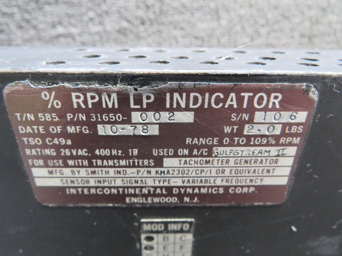 Intercontinental 585-31650-002 Intercontinental Percent RPM LP Indicator with Mods (Cracked Face)