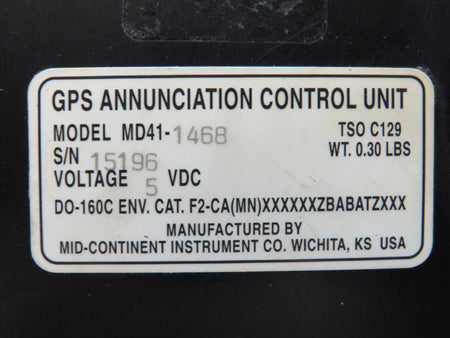 Mid-Continent MD41-1468 Mid-Continent GPS Annunciation Control Unit