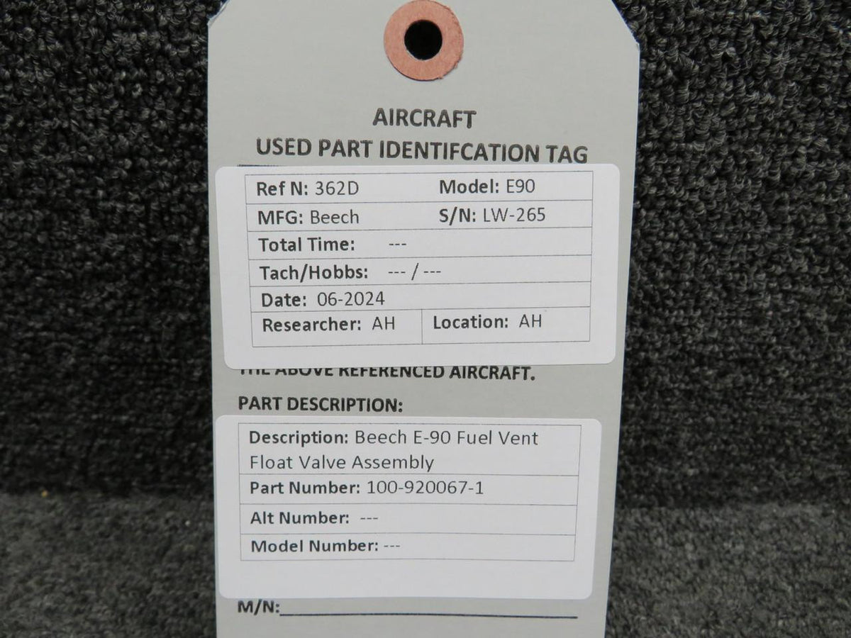 Beechcraft 100-920067-1 Beechcraft E90 Fuel Vent Float Valve Assembly