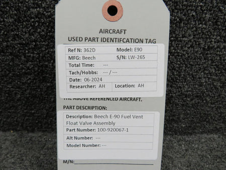 Beechcraft 100-920067-1 Beechcraft E90 Fuel Vent Float Valve Assembly