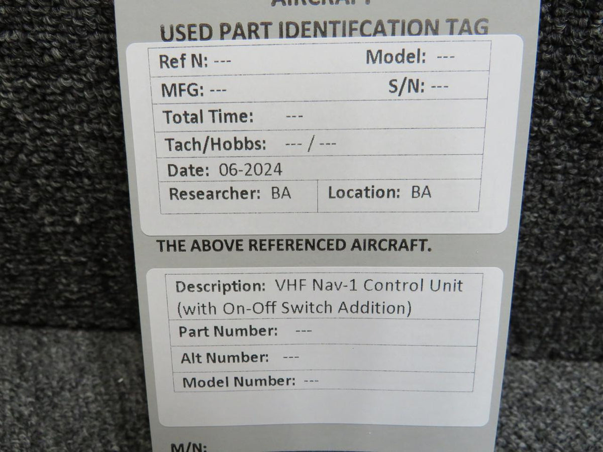 Does Not Apply VHF Nav-1 Control Unit with On-Off Switch Addition