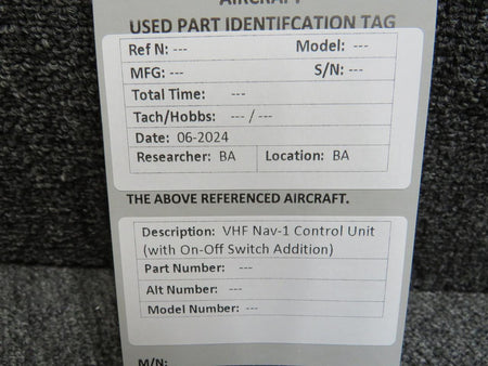 Does Not Apply VHF Nav-1 Control Unit with On-Off Switch Addition